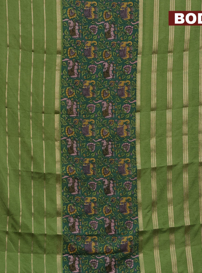 Semi crepe saree green and light green with kalamkari prints and long zari woven simple border