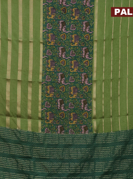 Semi crepe saree green and light green with kalamkari prints and long zari woven simple border
