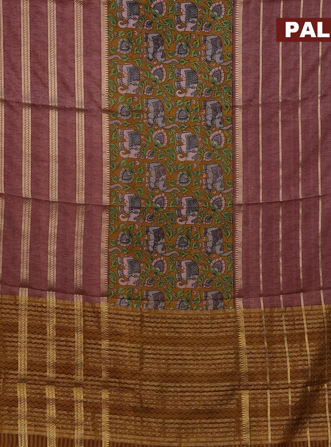 Semi crepe saree mustard shade and brown shade with kalamkari prints and long zari woven simple border