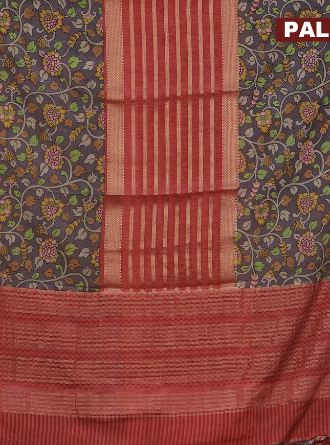Semi crepe saree red shade and grey with zari weaves and long kalamkari printed zari border
