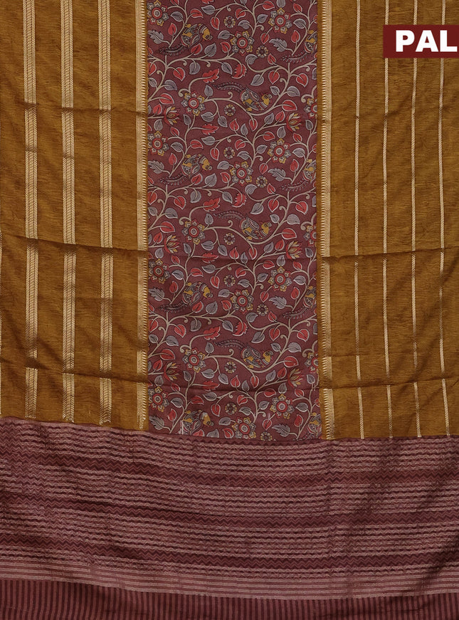 Semi crepe saree brown and dark mustard with kalamkari prints and long zari woven simple border