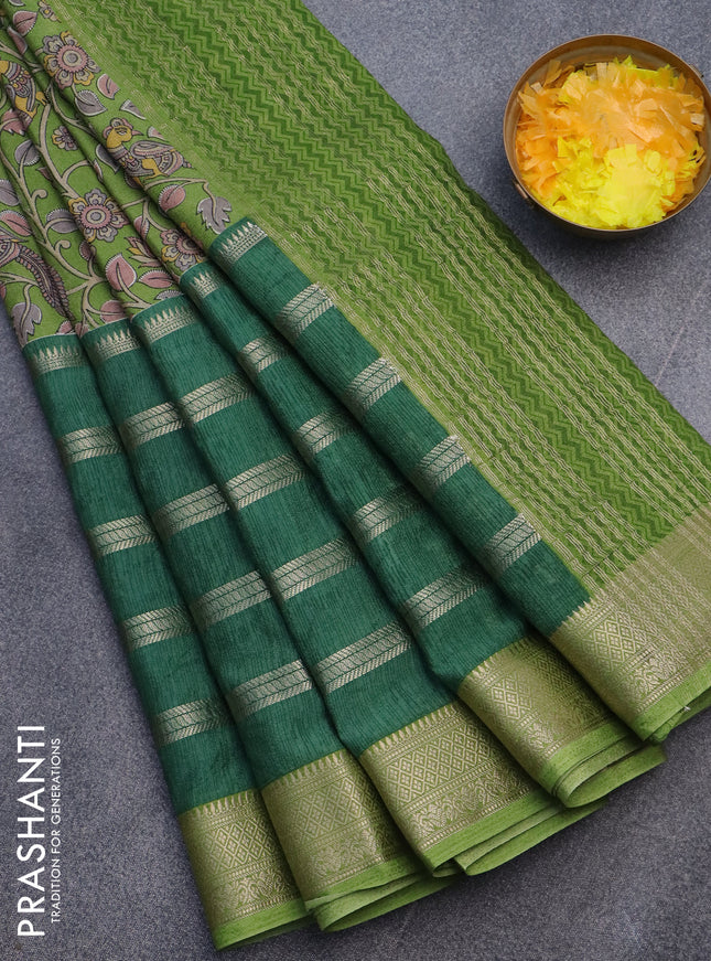 Semi crepe saree light green and sap green with kalamkari prints and long zari woven simple border