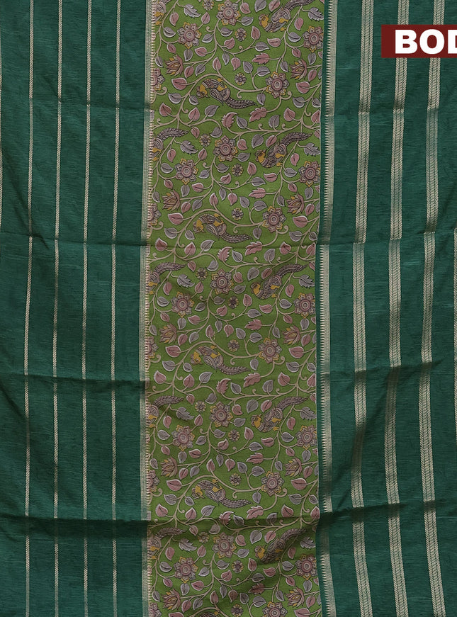 Semi crepe saree light green and sap green with kalamkari prints and long zari woven simple border
