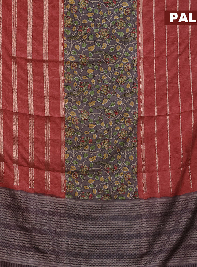 Semi crepe saree grey and red shade with kalamkari prints and long zari woven simple border