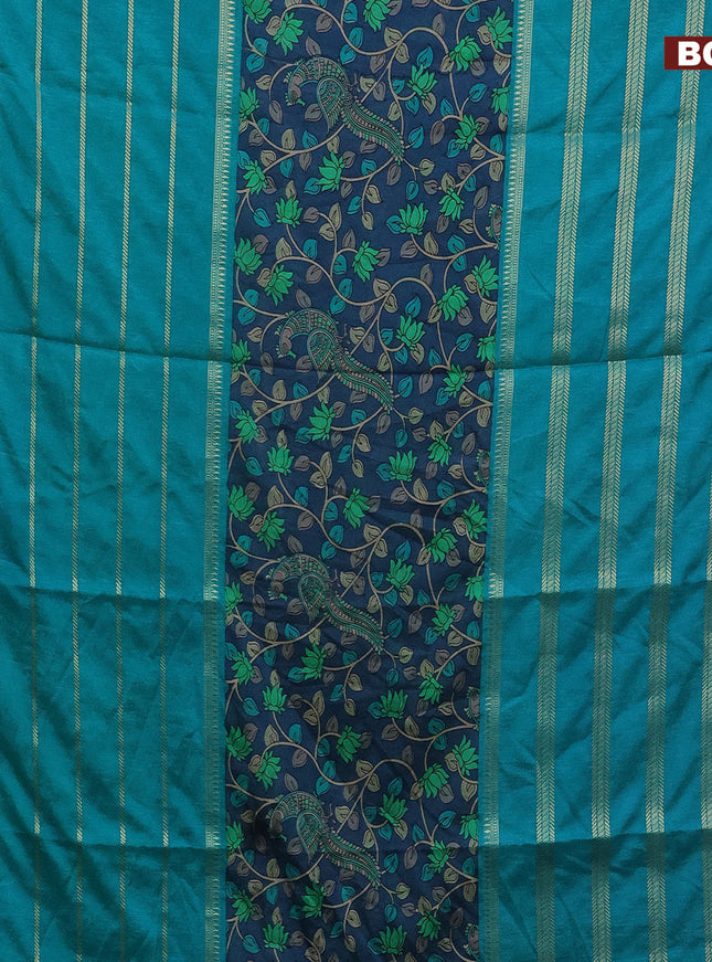 Semi crepe saree blue shade and teal blue with kalamkari prints and long zari woven simple border