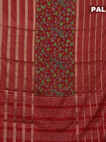 Semi crepe saree red and rust shade with kalamkari prints and long zari woven simple border