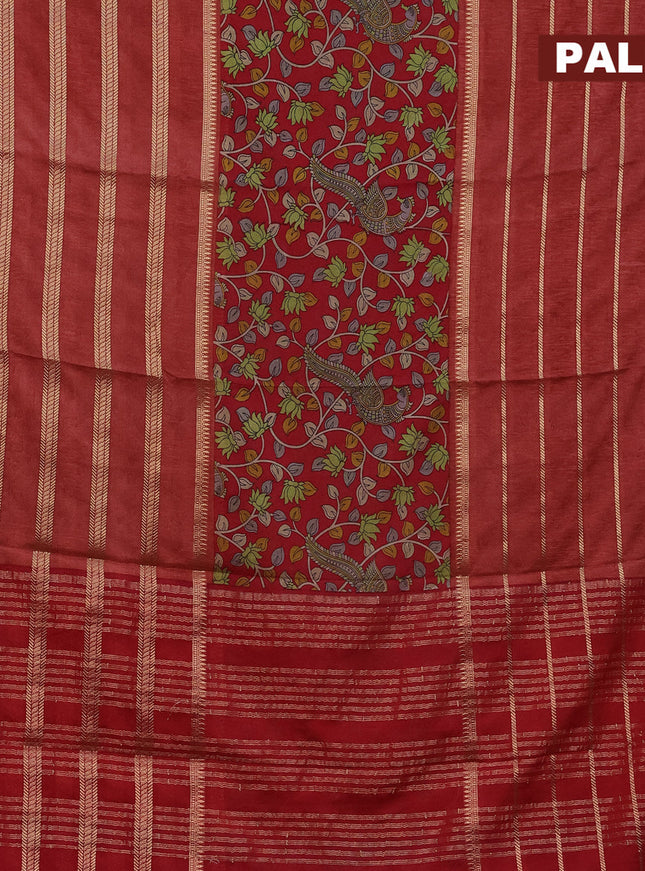 Semi crepe saree red and rust shade with kalamkari prints and long zari woven simple border