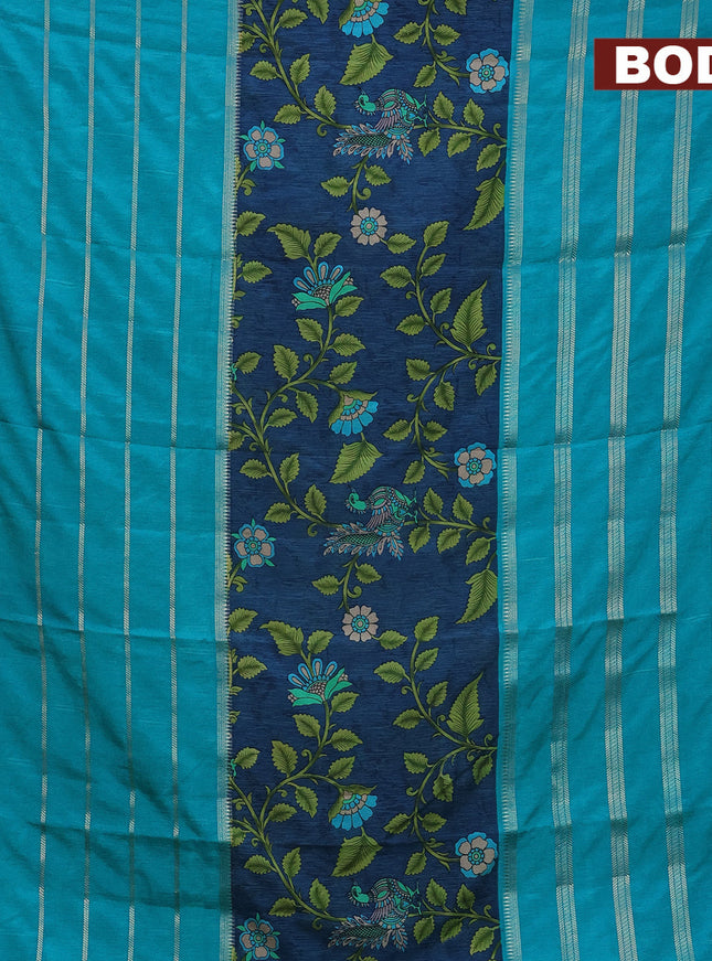 Semi crepe saree peacock blue and teal blue green with kalamkari prints and long zari woven simple border