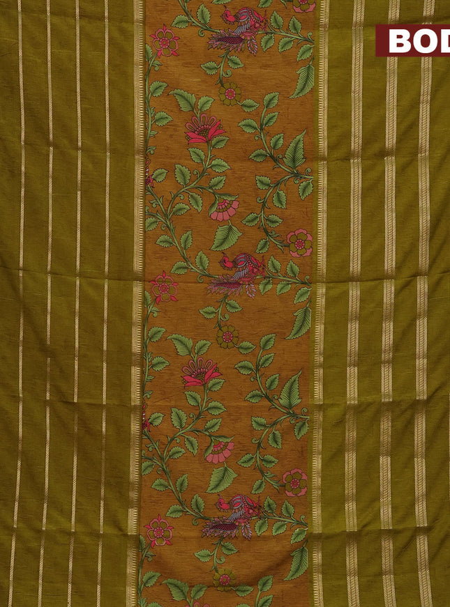 Semi crepe saree mustard shade and mehendi green with kalamkari prints and long zari woven simple border