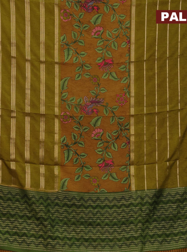 Semi crepe saree mustard shade and mehendi green with kalamkari prints and long zari woven simple border