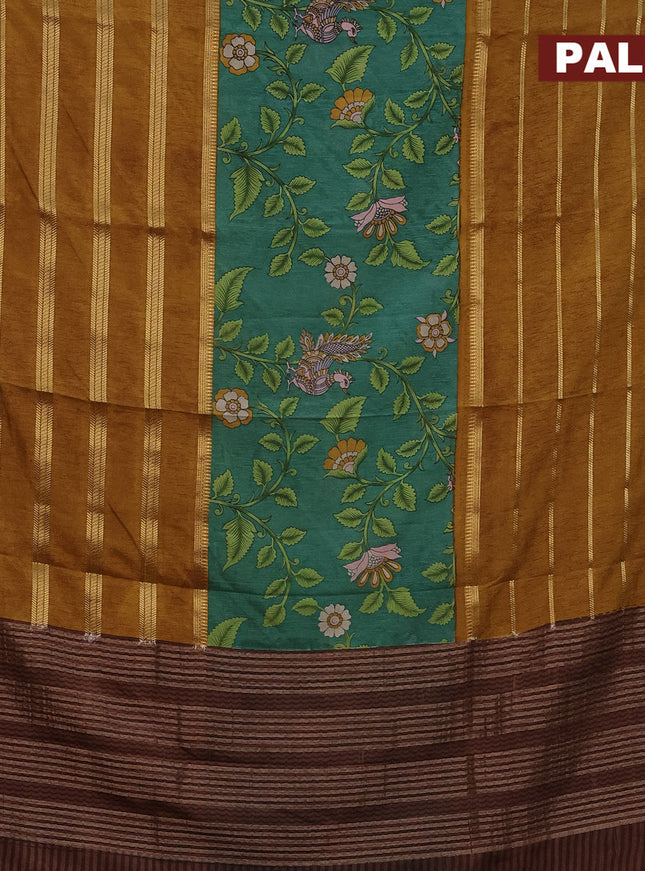 Semi crepe saree green and mustard shade brown with kalamkari prints and long zari woven simple border