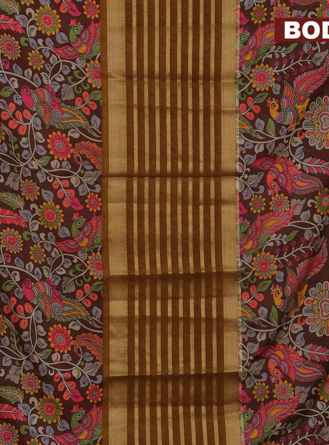 Semi crepe saree dark mustard and brown with zari weaves and long kalamkari printed zari border