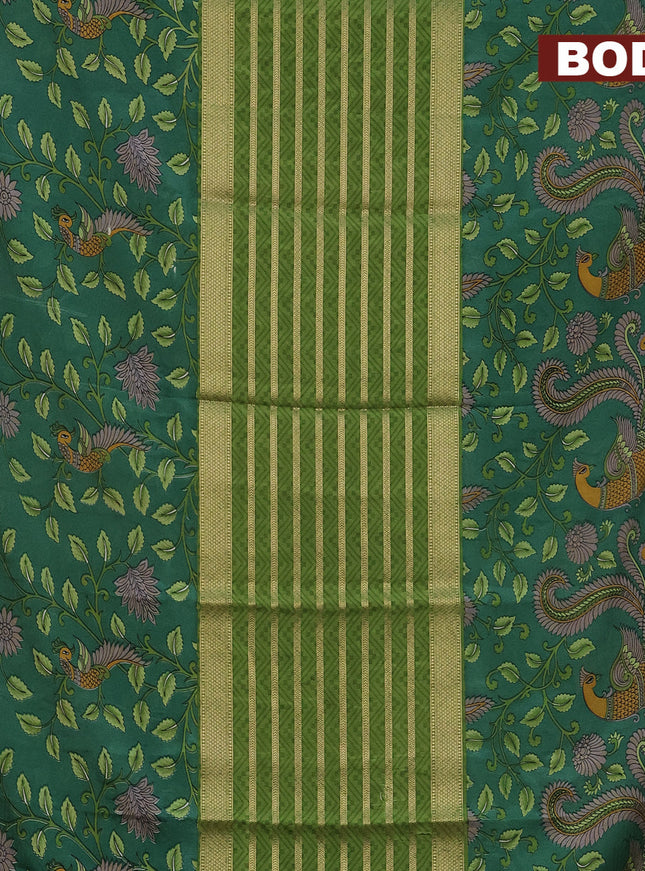Semi crepe saree light green and green with zari weaves and long kalamkari printed zari border