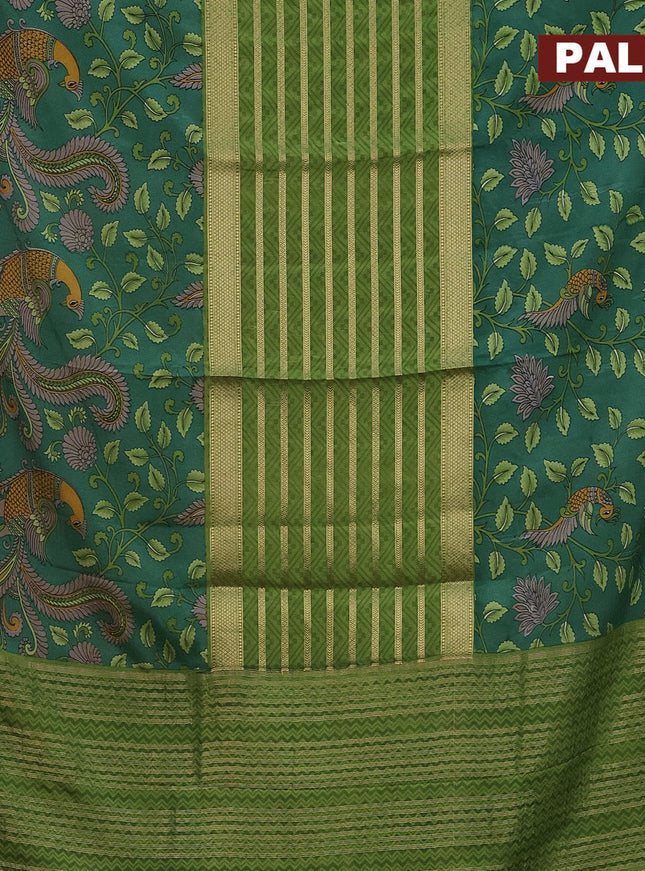 Semi crepe saree light green and green with zari weaves and long kalamkari printed zari border