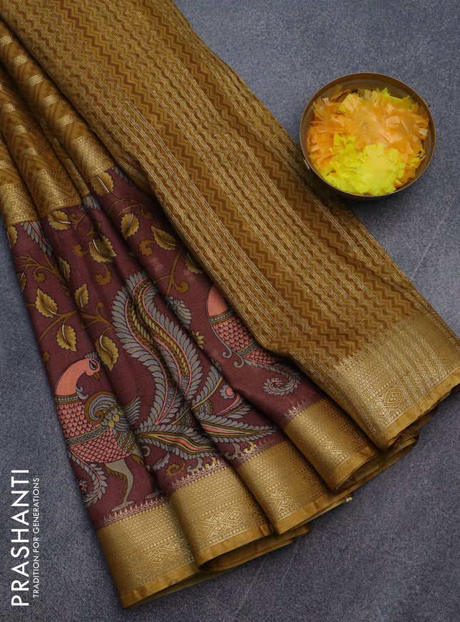 Semi crepe saree mustard shade and maroon shade with zari weaves and long kalamkari printed zari border
