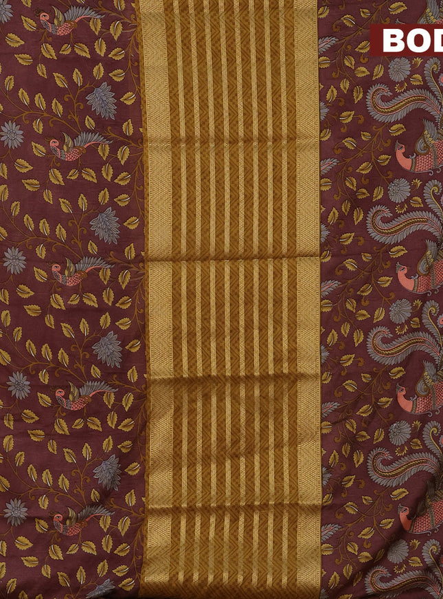 Semi crepe saree mustard shade and maroon shade with zari weaves and long kalamkari printed zari border