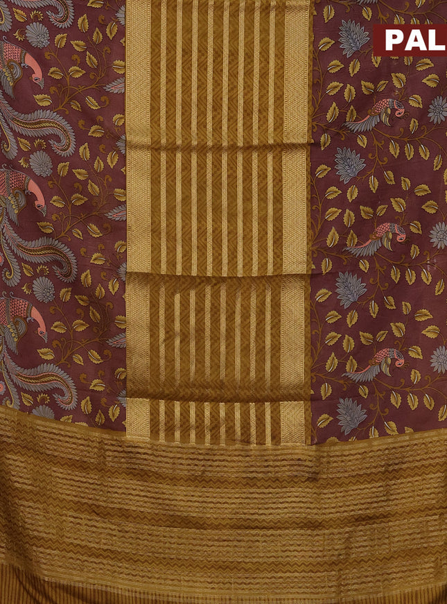 Semi crepe saree mustard shade and maroon shade with zari weaves and long kalamkari printed zari border