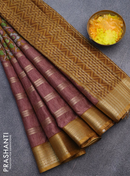 Semi crepe saree mustard shade and brown shade with kalamkari prints and long zari woven simple border