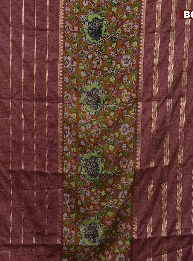 Semi crepe saree mustard shade and brown shade with kalamkari prints and long zari woven simple border