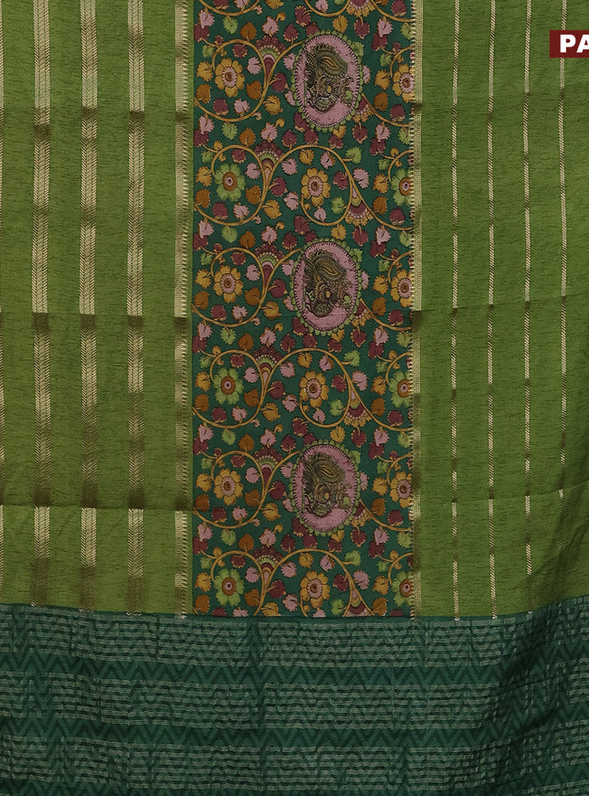 Semi crepe saree green and light green with kalamkari prints and long zari woven simple border