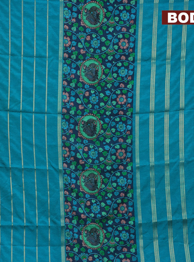 Semi crepe saree blue and teal blue with kalamkari prints and long zari woven simple border