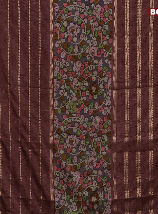 Semi crepe saree grey and rosy brown with kalamkari prints and long zari woven simple border