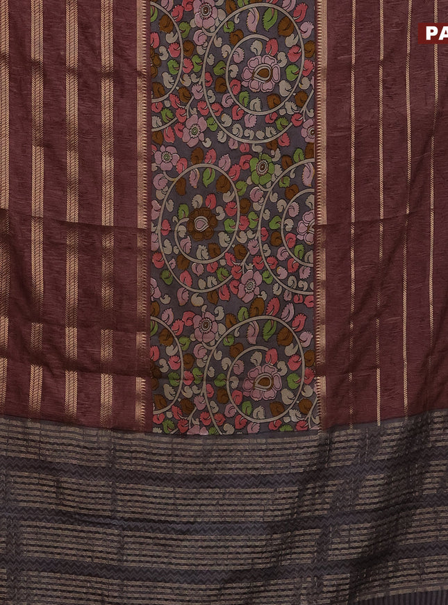 Semi crepe saree grey and rosy brown with kalamkari prints and long zari woven simple border