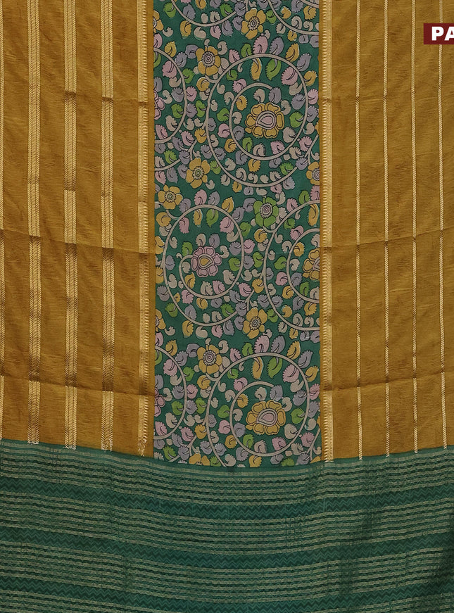Semi crepe saree green and dark mustard with kalamkari prints and long zari woven simple border