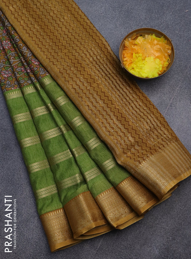 Semi crepe saree mustard shade and green with kalamkari prints and long zari woven simple border