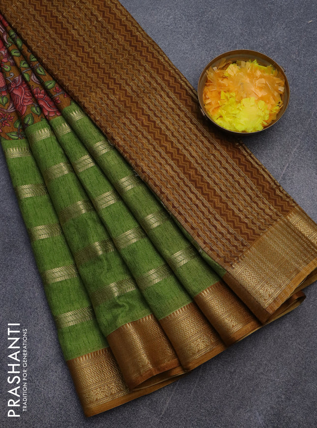 Semi crepe saree mustard shade and green with kalamkari prints and long zari woven simple border