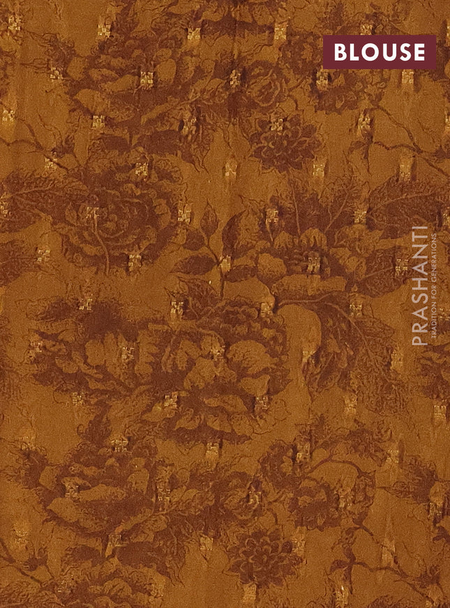 Semi crepe saree mustard shade and green with kalamkari prints and long zari woven simple border