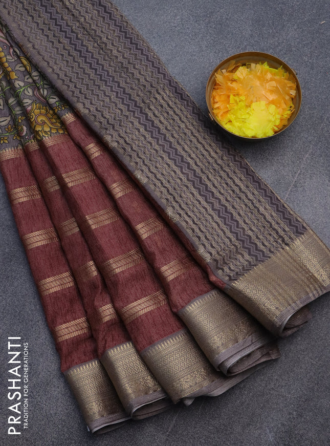 Semi crepe saree grey shade and pastel maroon shade with kalamkari prints and long zari woven simple border