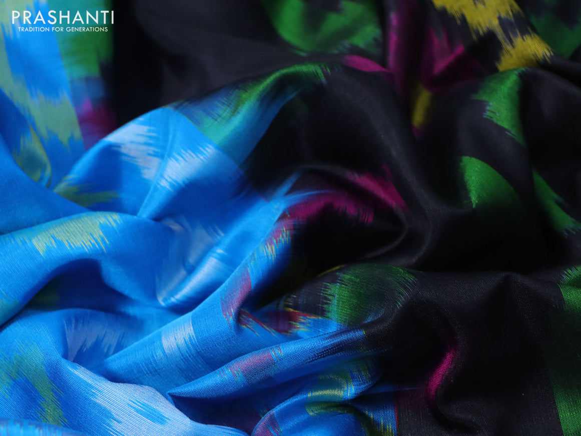 Ikat soft silk saree cs blue and black with allover ikat weaves and zari woven border