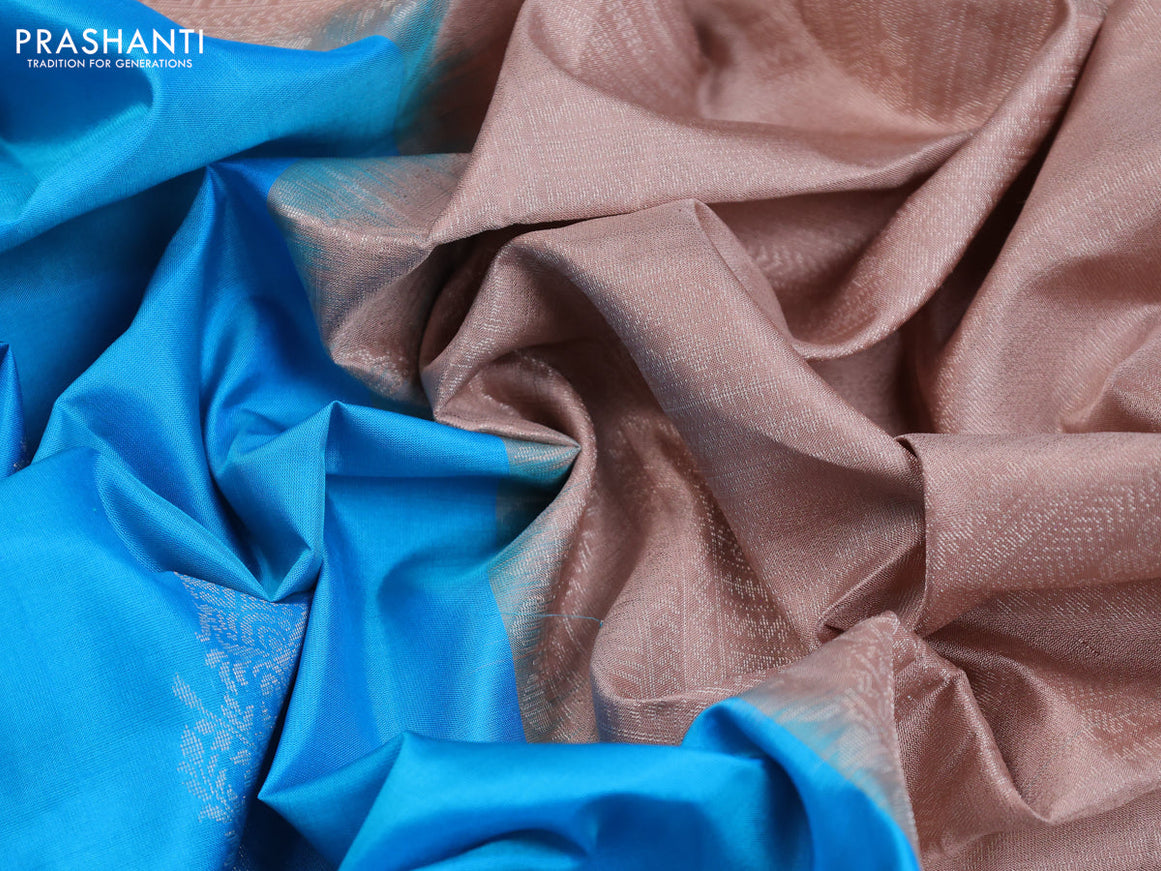 Pure soft silk saree blue and pastel brown with silver zari woven buttas in borderless style