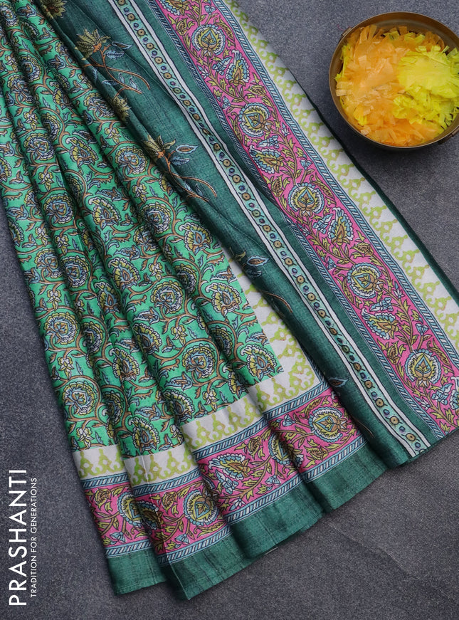 Semi modal saree green with allover kalamkari prints and printed border
