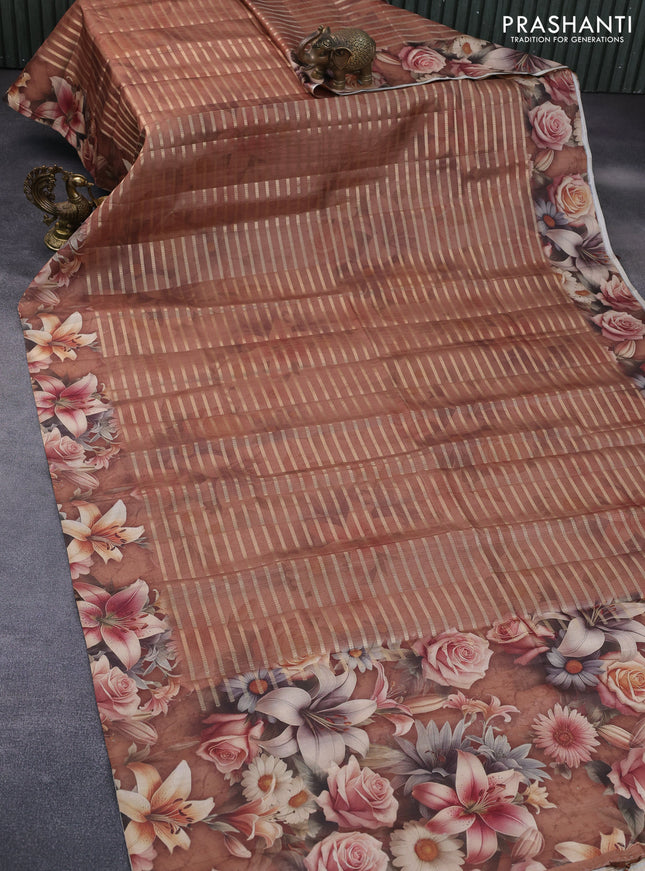 Semi tussar saree dark sandal with allover zari woven veldhari design and floral printed border