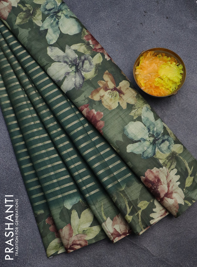Semi tussar saree green with allover zari woven veldhari design and floral printed border