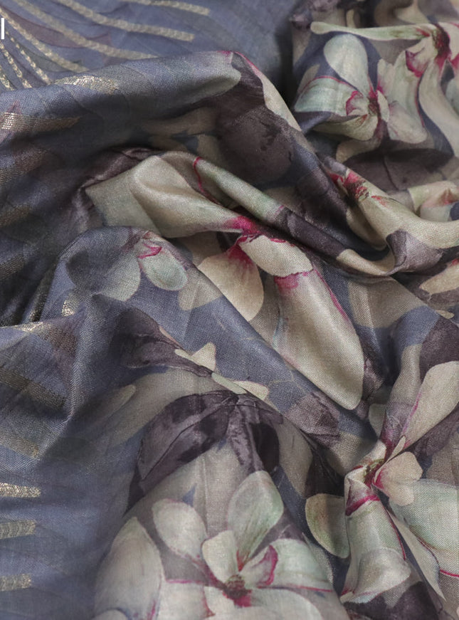 Semi tussar saree grey with allover zari woven veldhari design & prints and floral printed border