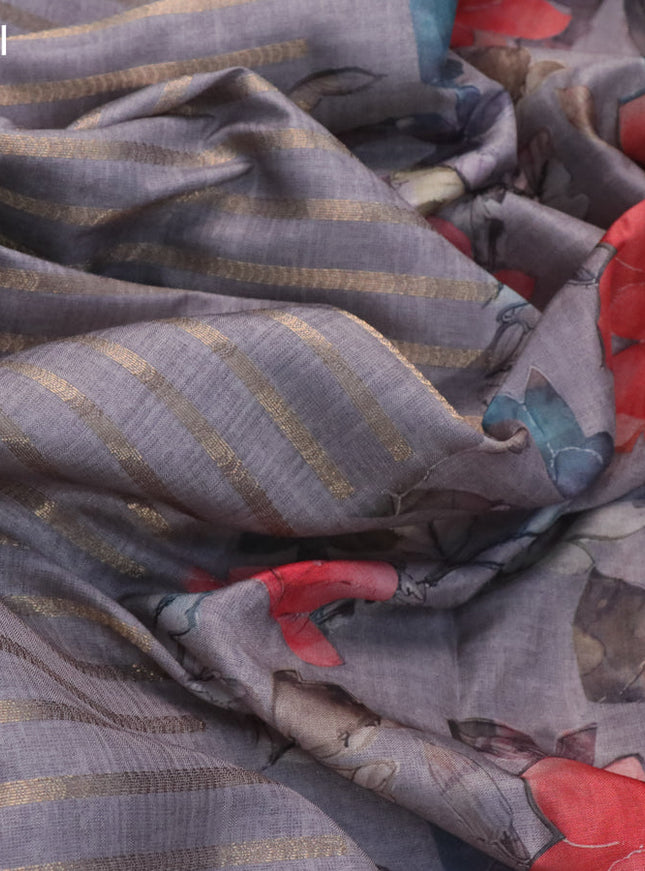 Semi tussar saree grey with allover zari woven veldhari design and floral printed border