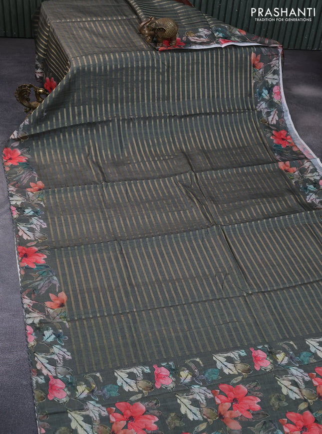 Semi tussar saree sap green with allover zari woven veldhari design and floral printed border