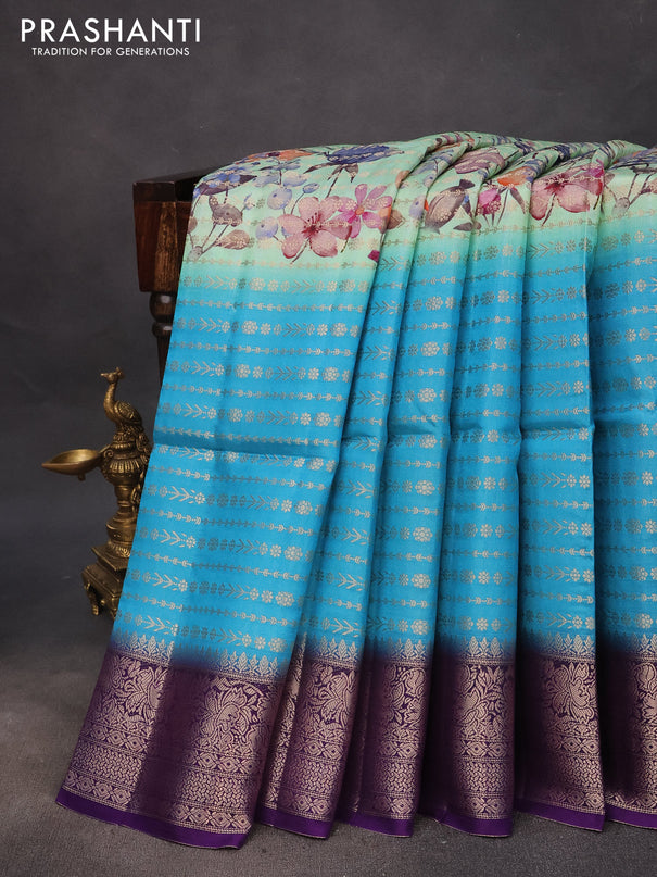 Semi raw silk saree pastel green and cs blue violet with allover zari weaves & floral digital prints and zari woven border