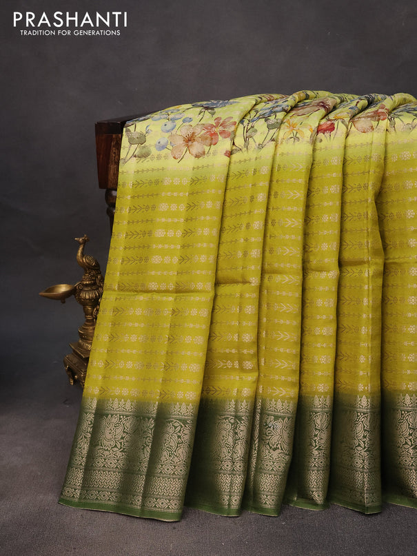 Semi raw silk saree lime shade and green with allover zari weaves & floral digital prints and zari woven border