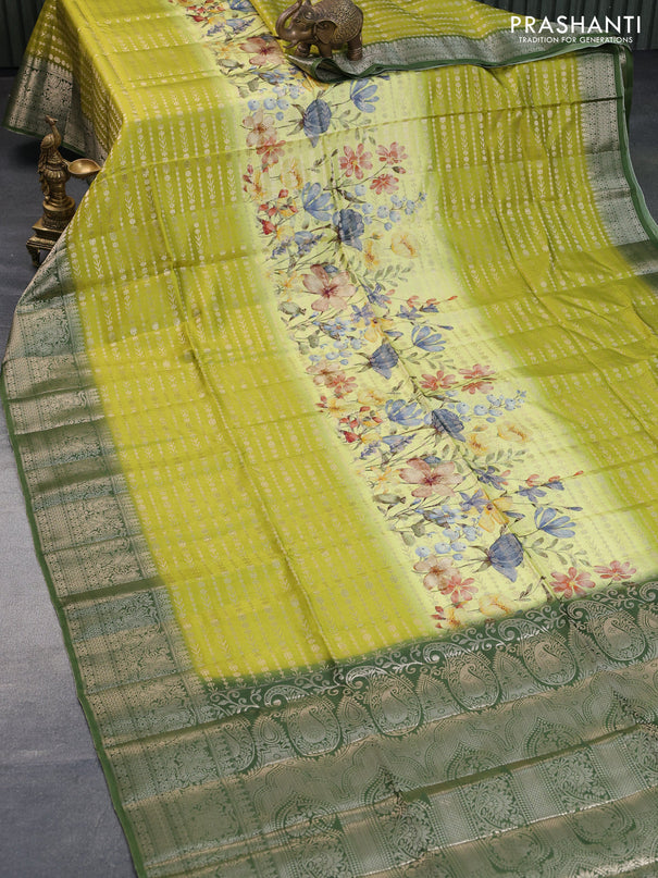 Semi raw silk saree lime shade and green with allover zari weaves & floral digital prints and zari woven border