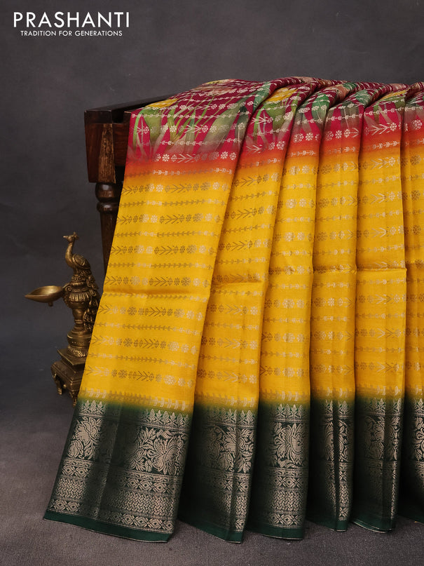 Semi raw silk saree dark pink and yellow green with allover zari weaves & floral digital prints and zari woven border
