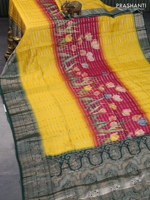 Semi raw silk saree dark pink and yellow green with allover zari weaves & floral digital prints and zari woven border