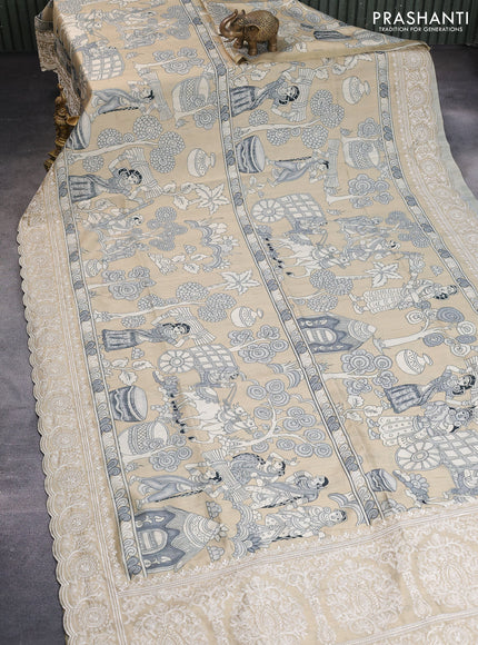 Semi tussar saree sandal with allover kalamkari prints and chikankari work border