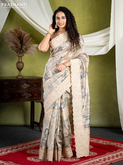 Semi tussar saree sandal with allover kalamkari prints and chikankari work border