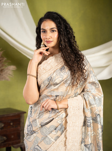 Semi tussar saree sandal with allover kalamkari prints and chikankari work border