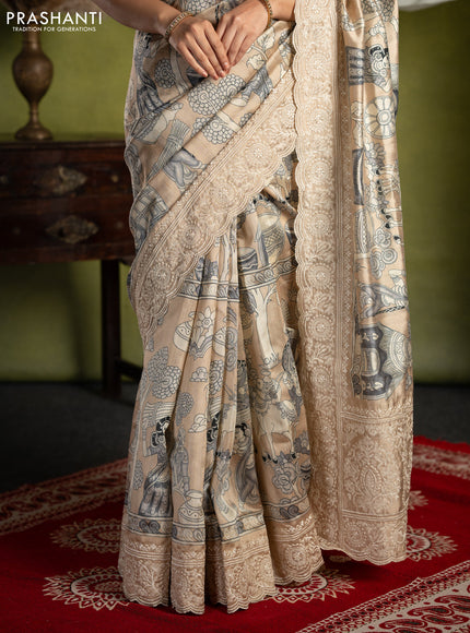 Semi tussar saree sandal with allover kalamkari prints and chikankari work border