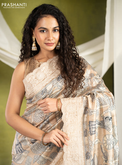 Semi tussar saree sandal with allover kalamkari prints and chikankari work border